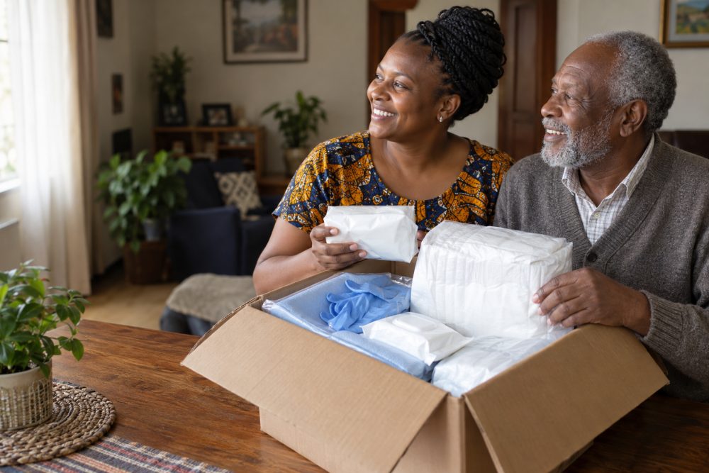 Daughter and her elderly father unpacking a care bundle delivery at home
